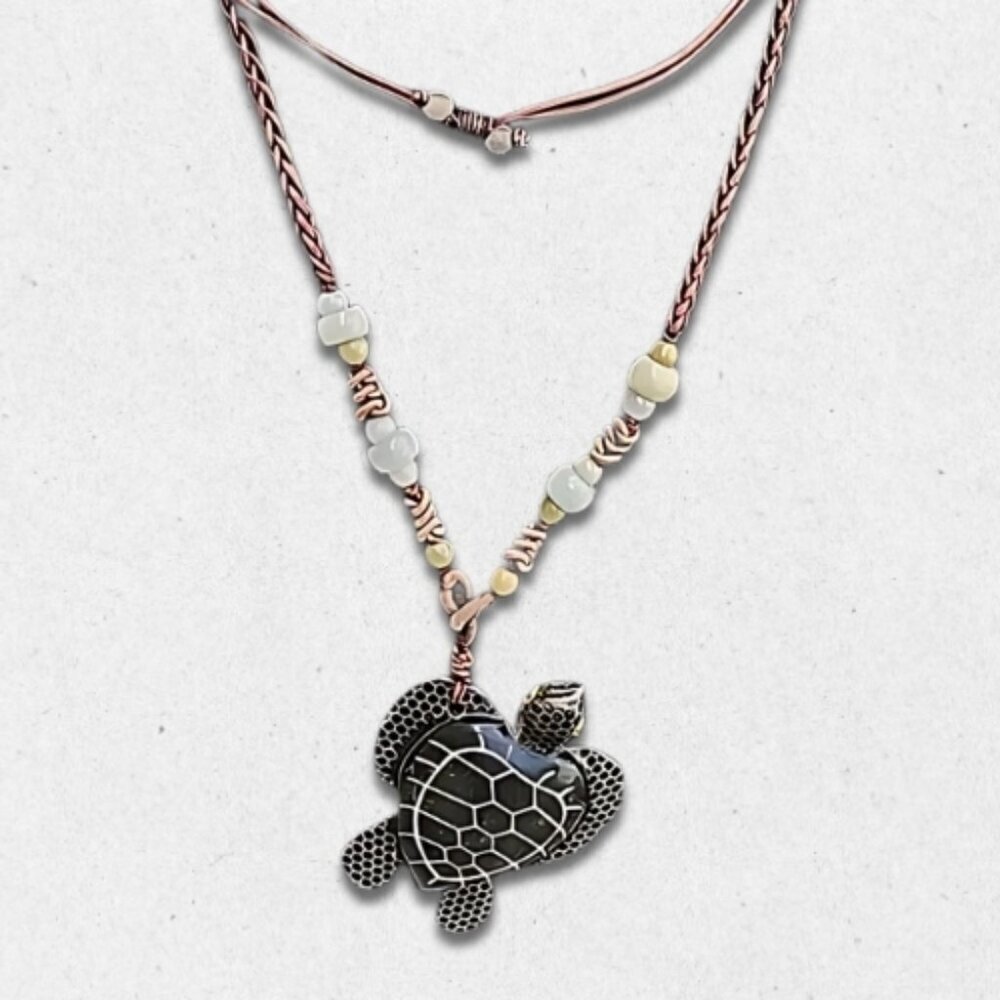 Rare Glass Beaded Necklace Wooden Turtle Pendant Adjustable String Multicolor OS